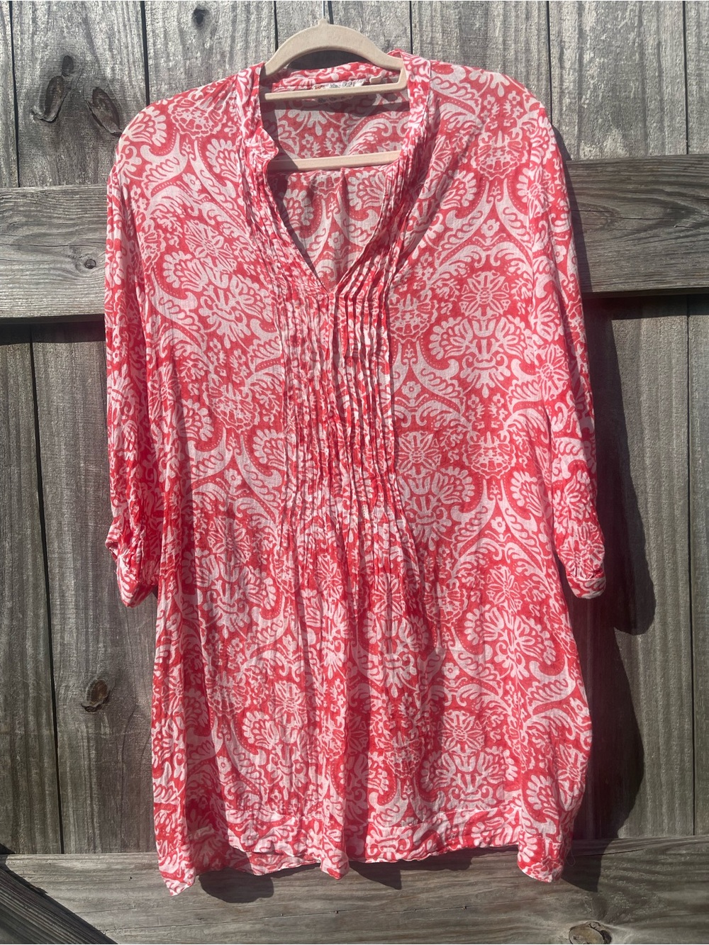 Dolma 100 Percent Linen Coral Pink Patterned Pintuck Mini Tunic Dress Sz M